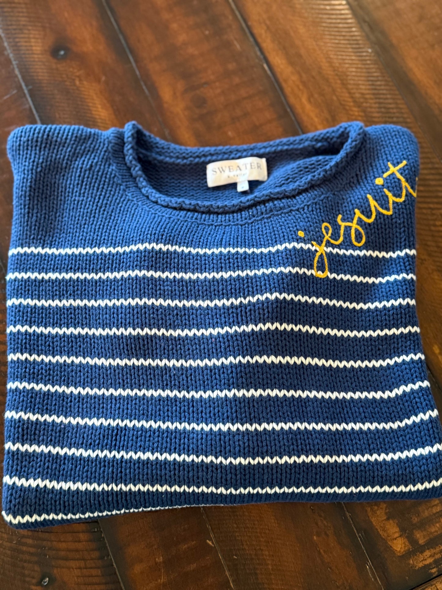Rolled Navy Cotton Sweater with White Stripes