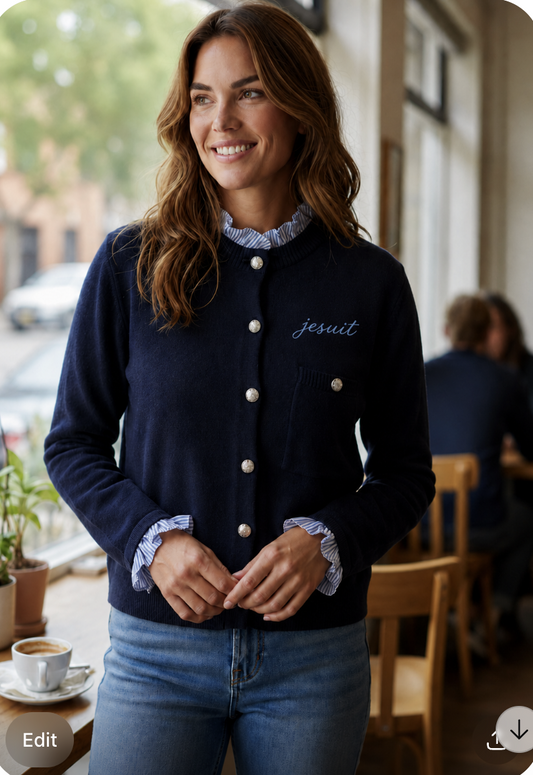 Modern Cardigan with White & Navy Striped Blouse