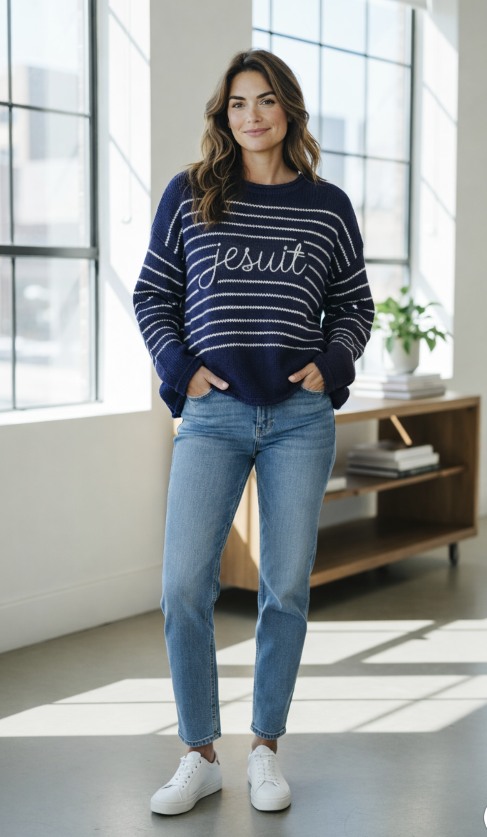 Rolled Navy Cotton Sweater with White Stripes