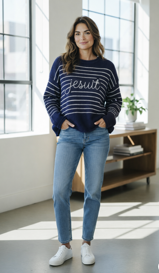 Rolled Navy Cotton Sweater with White Stripes