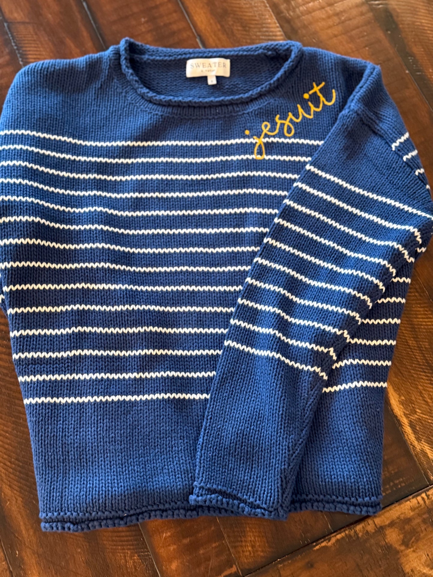 Rolled Navy Cotton Sweater with White Stripes