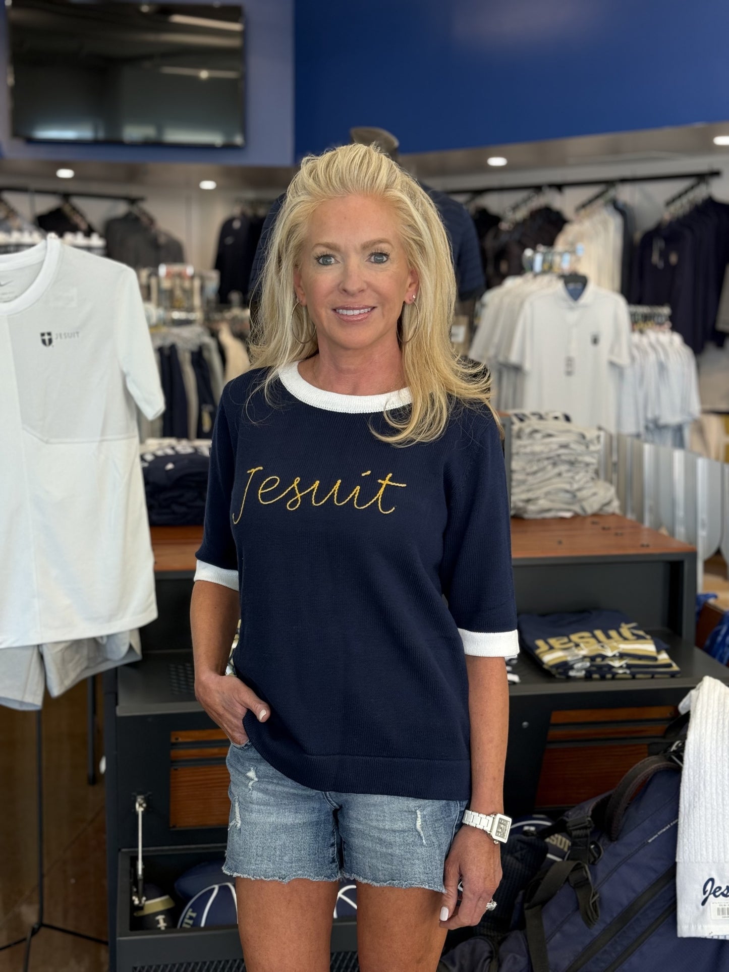 Short Sleeve Women's Navy Knit Sweater