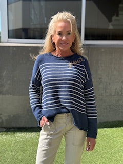 Rolled Navy Cotton Sweater with White Stripes