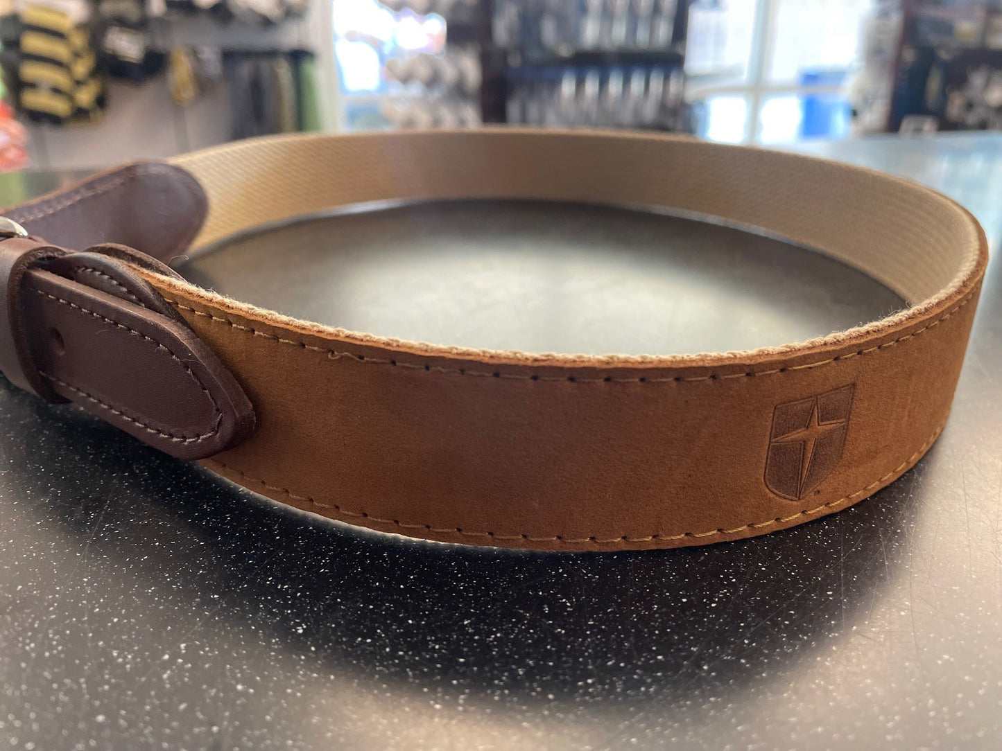 Nubuck Suede Leather Belt Embossed with Shield